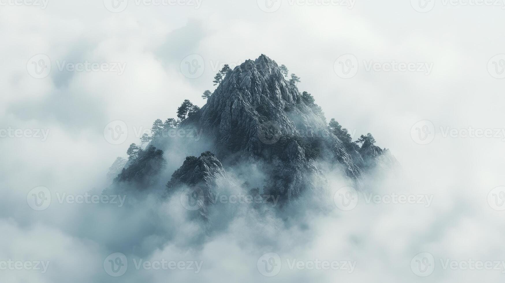 Imagine a solitary peak, piercing the veil of ethereal fog, a silent sentinel guarding ancient secrets The misty embrace softens the jagged edges, revealing a serene, almost dreamlike, panorama photo