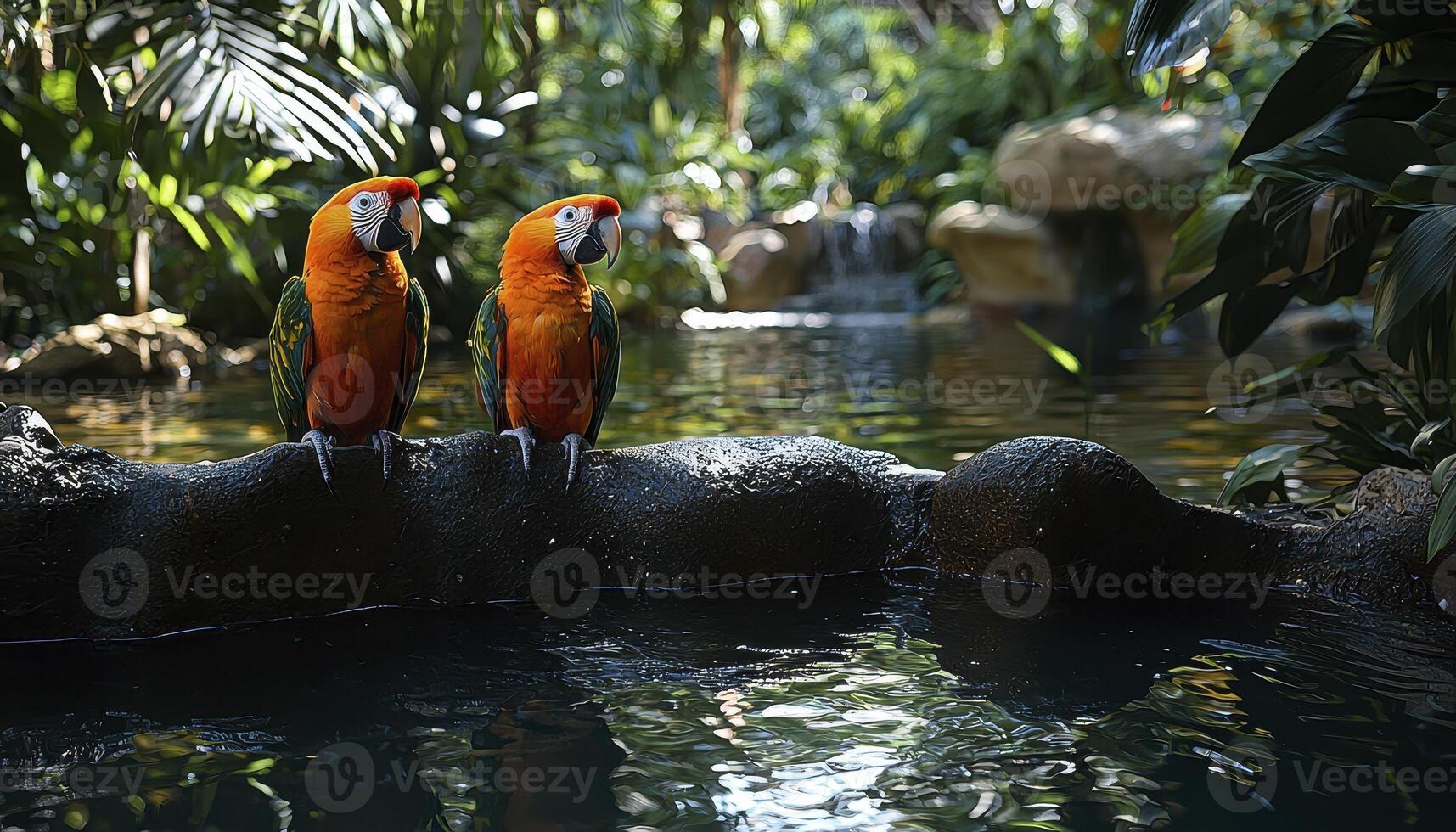 Immerse yourself in a vibrant jungle scene where nature's symphony unfolds Lush greenery embraces a tranquil forest stream, its gentle flow serenading the senses Exotic birds, adorned with vibrant photo
