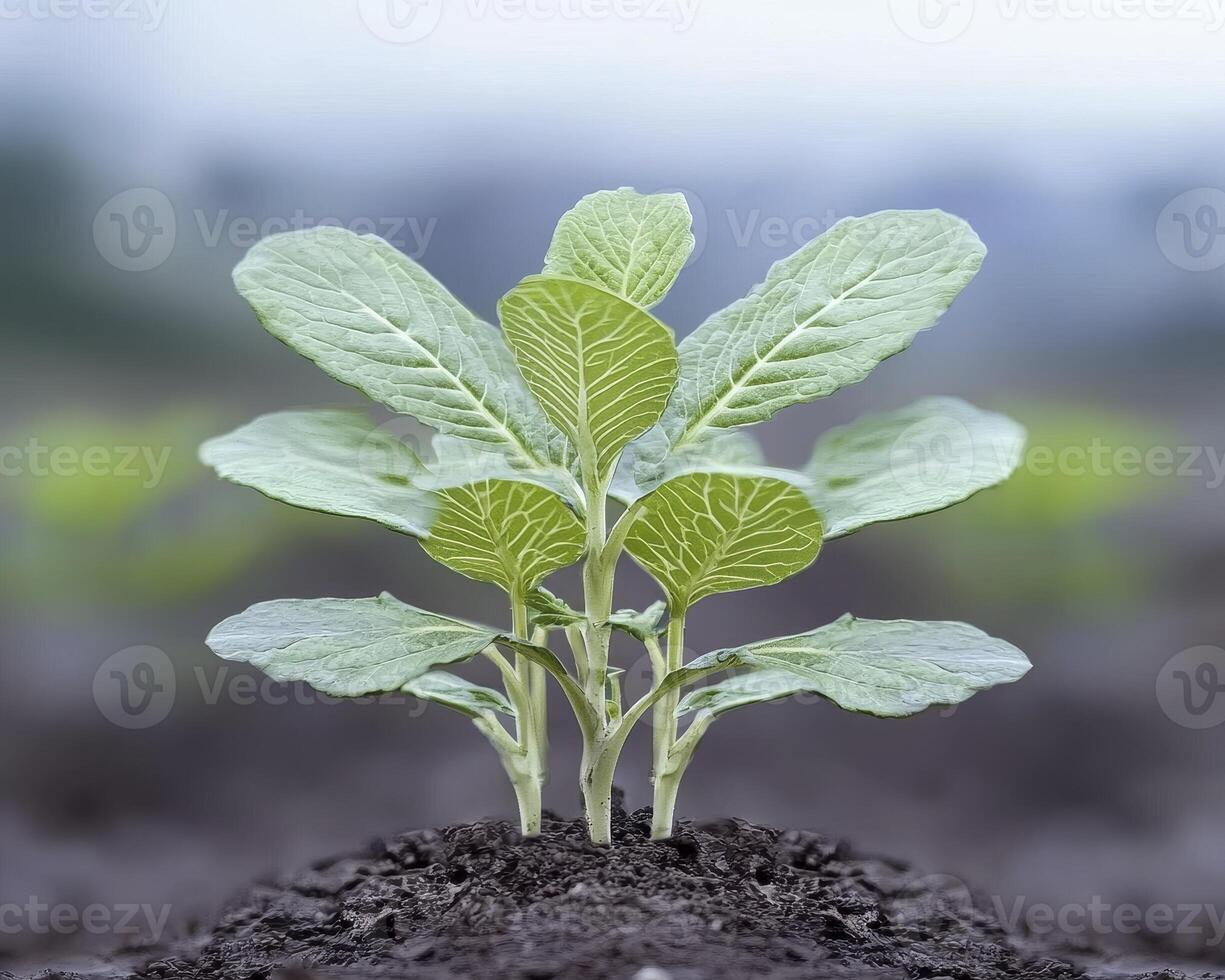 In a barren landscape, a resilient young plant emerges, its tender leaves reaching towards the life-giving sun This image captures the essence of hope, growth, and the indomitable spirit of nature photo