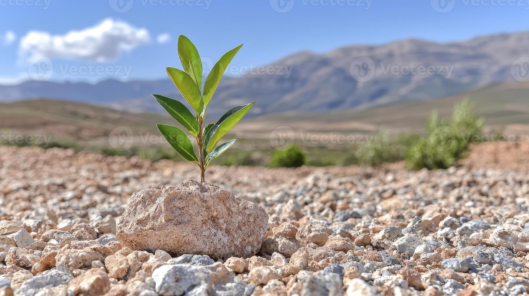 In a barren expanse, a tiny sapling bravely emerges, defying the harsh conditions Its delicate leaves reach towards the unforgiving sky, a testament to nature's resilience The arid landscape photo