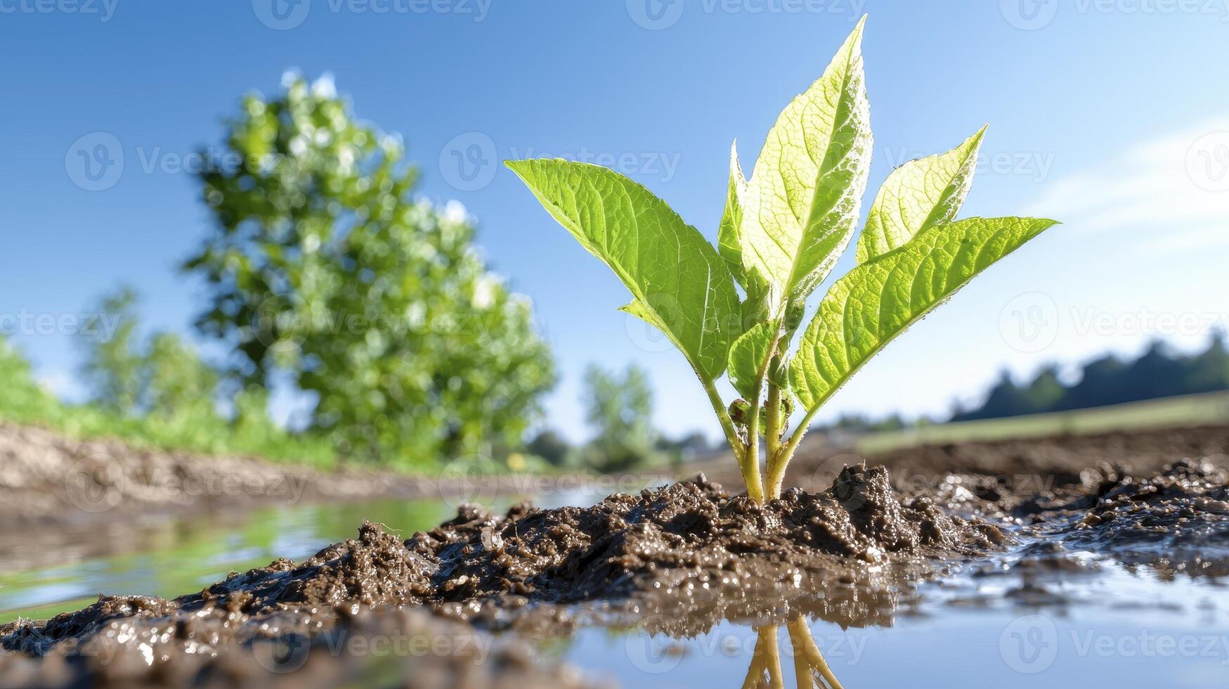 In a barren wasteland, where hope seems to have withered and faded away, a tiny sprout dares to emerge, defying the harsh realities of a drought-stricken land Its delicate leaves, tinged with a photo