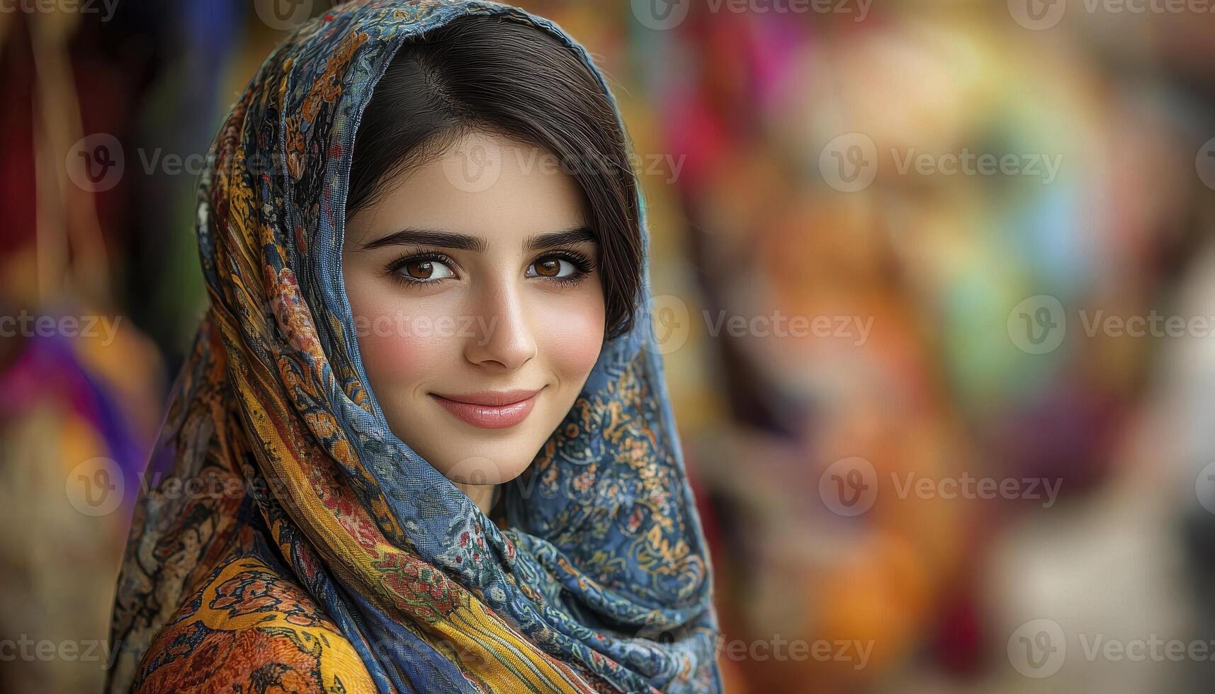 In a bustling street market scene, a woman exudes joy, her scarf gracefully lifted by the wind's gentle touch She navigates the vibrant marketplace, her smile reflecting the energy and excitement photo