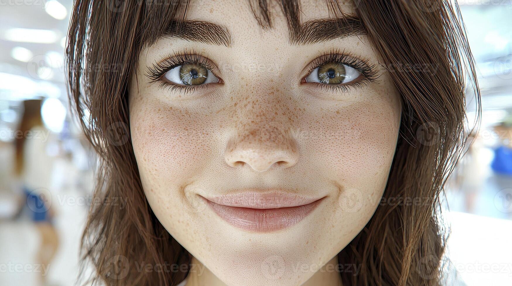 In a captivating close-up, a woman radiates joy, her eyes softly closed as a gentle breeze playfully dances through her hair Her smile, a beacon of genuine happiness, illuminates her face, capturing photo