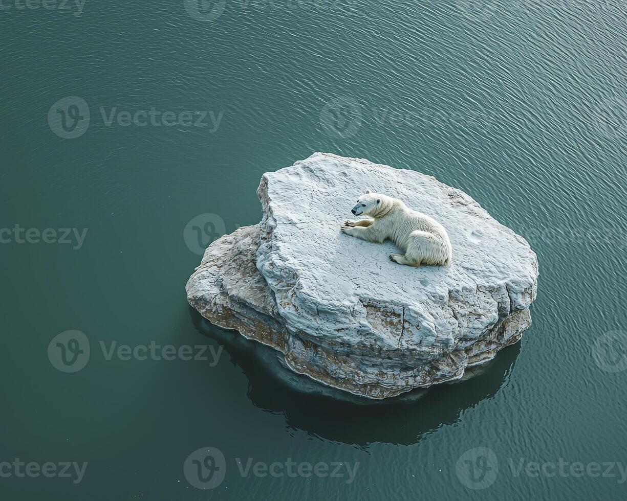 In a chilling depiction of climate change's impact, a solitary polar bear finds itself stranded atop a rapidly diminishing iceberg The vast, unforgiving Arctic waters stretch endlessly around the photo