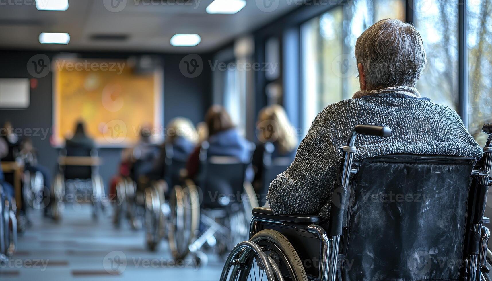 In a brightly lit room, filled with hopeful faces, an elderly wheelchair user actively participates in a dedicated balance and stability workshop, showcasing resilience and determination This photo