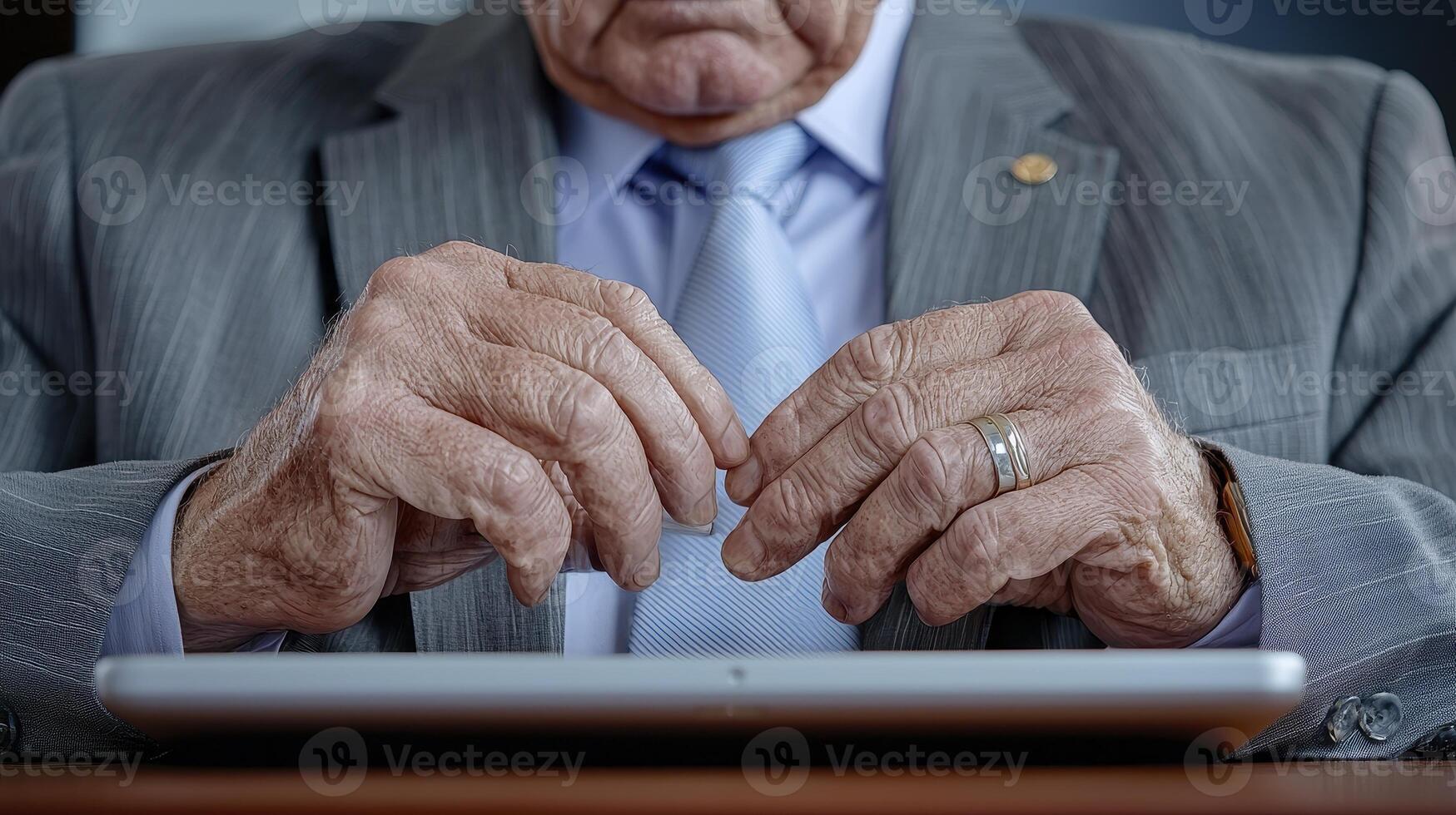 In a close-up photograph, a seasoned financial advisor is deeply engrossed in analyzing market trends with unwavering focus and meticulous attention to detail His hands, weathered by time and photo
