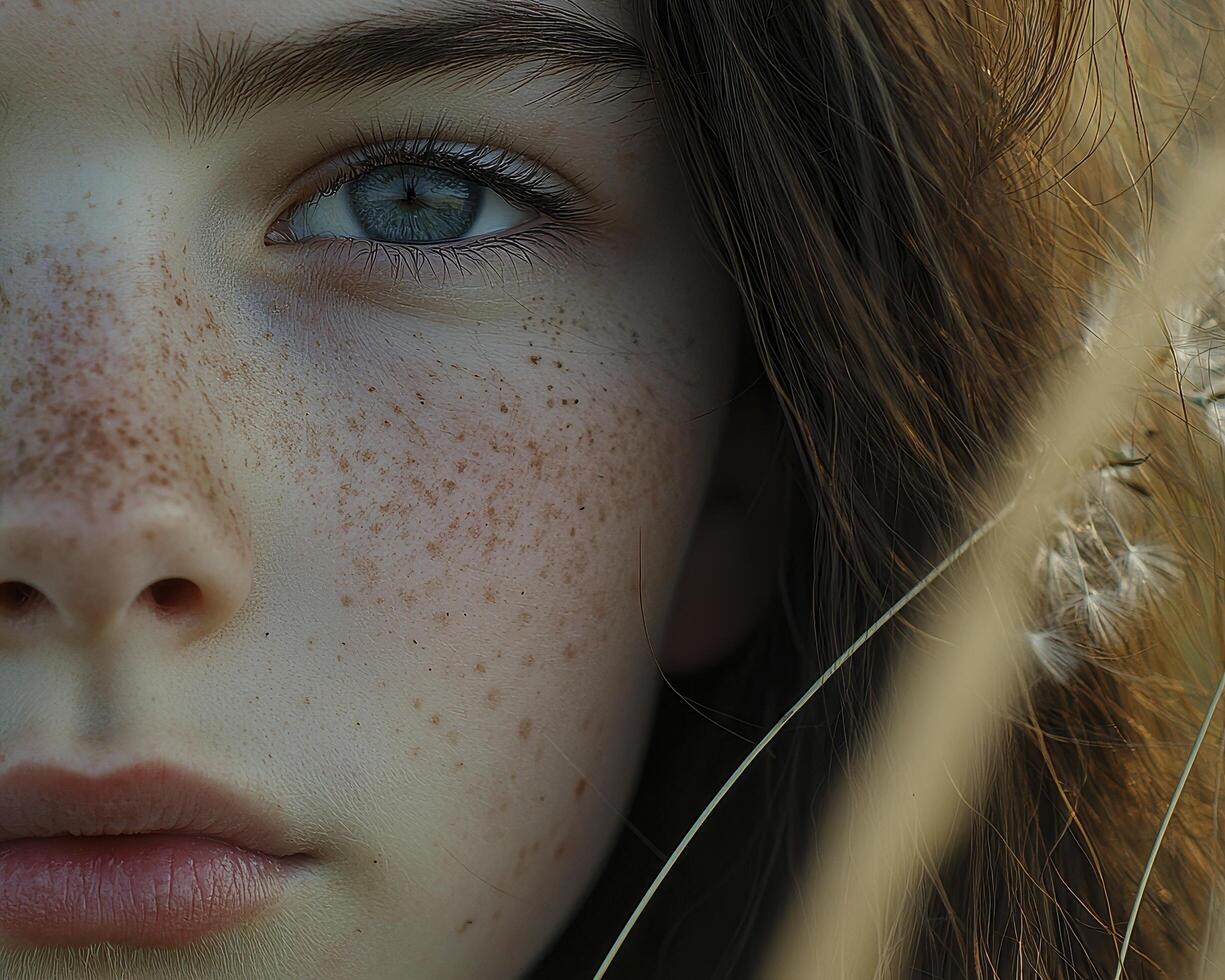 In a field of golden dreams, a young girl stands, her eyes reflecting the boundless sky above, holding a delicate dandelion in her hand With a gentle breath, she releases the seeds, tiny parachutes photo