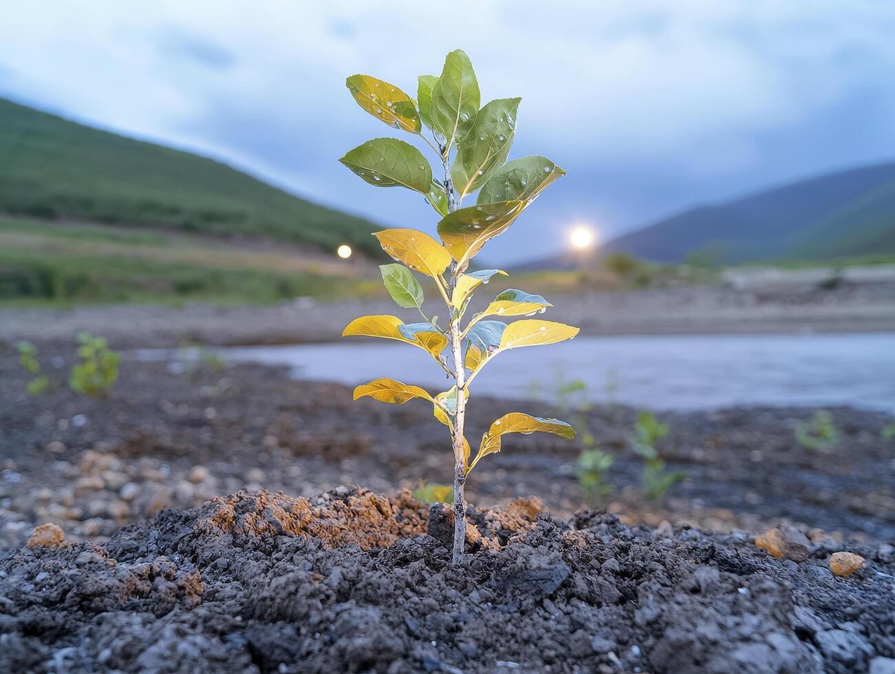 In a field stark and bare, a single sapling stands tall, illuminated by the gentle kiss of golden light Its tender leaves, bathed in warmth, reach towards the sky, a testament to resilience and hope photo