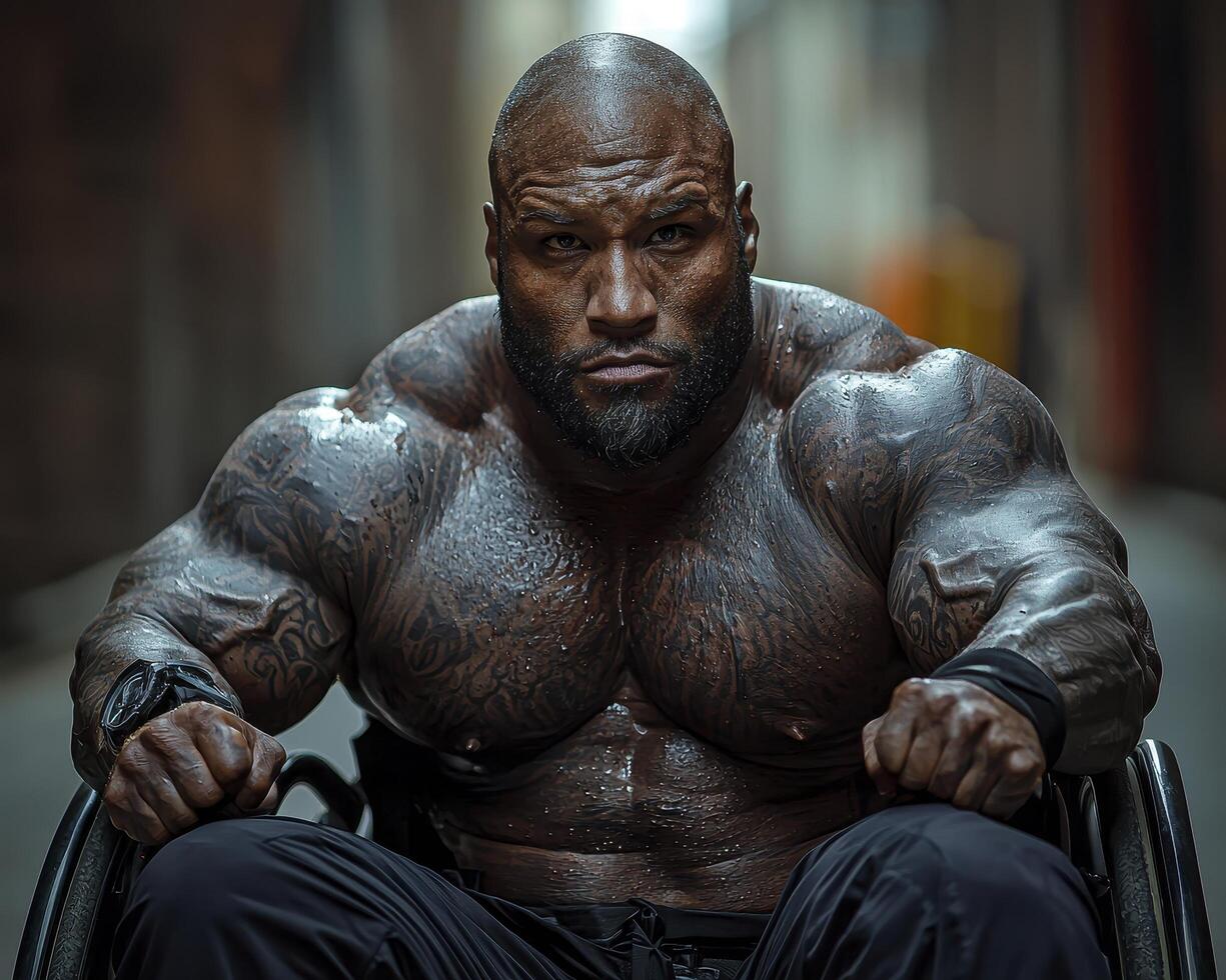 In a gritty urban setting, a wheelchair bodybuilder exudes power and determination, flexing his meticulously sculpted muscles after a grueling workout His impressive physique reflects countless hours photo