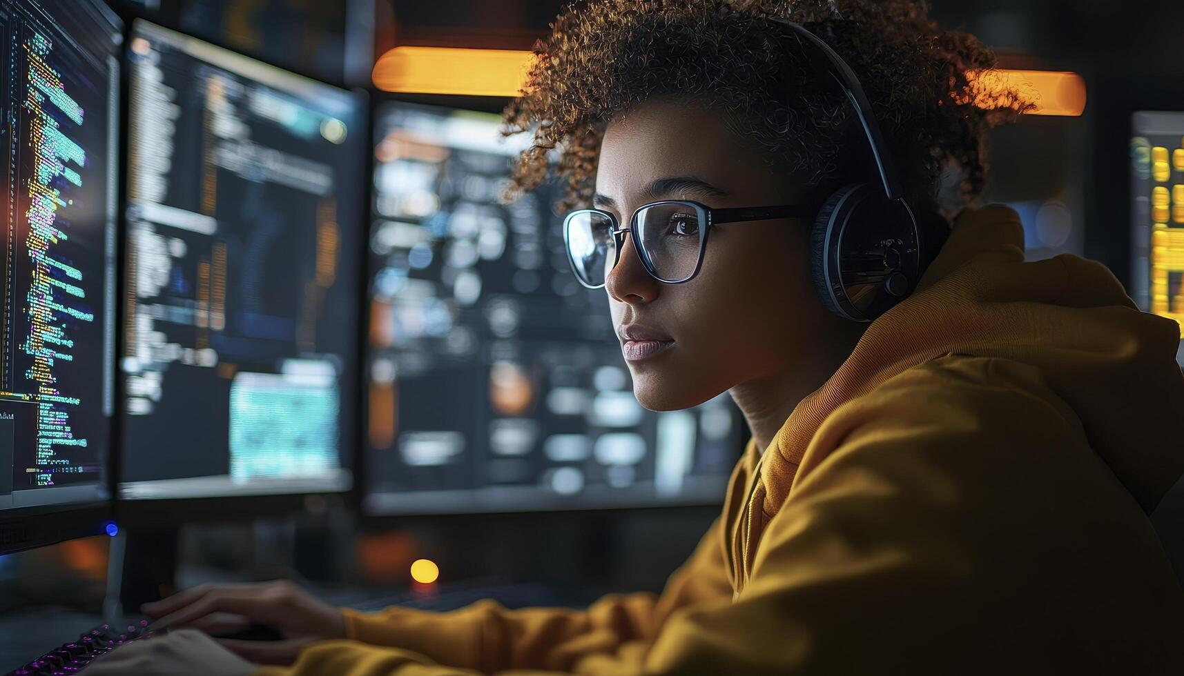 In a futuristic world where technology seamlessly blends with daily life, a young, ambitious professional thrives in their remote work setup This individual is immersed in a dynamic workspace photo