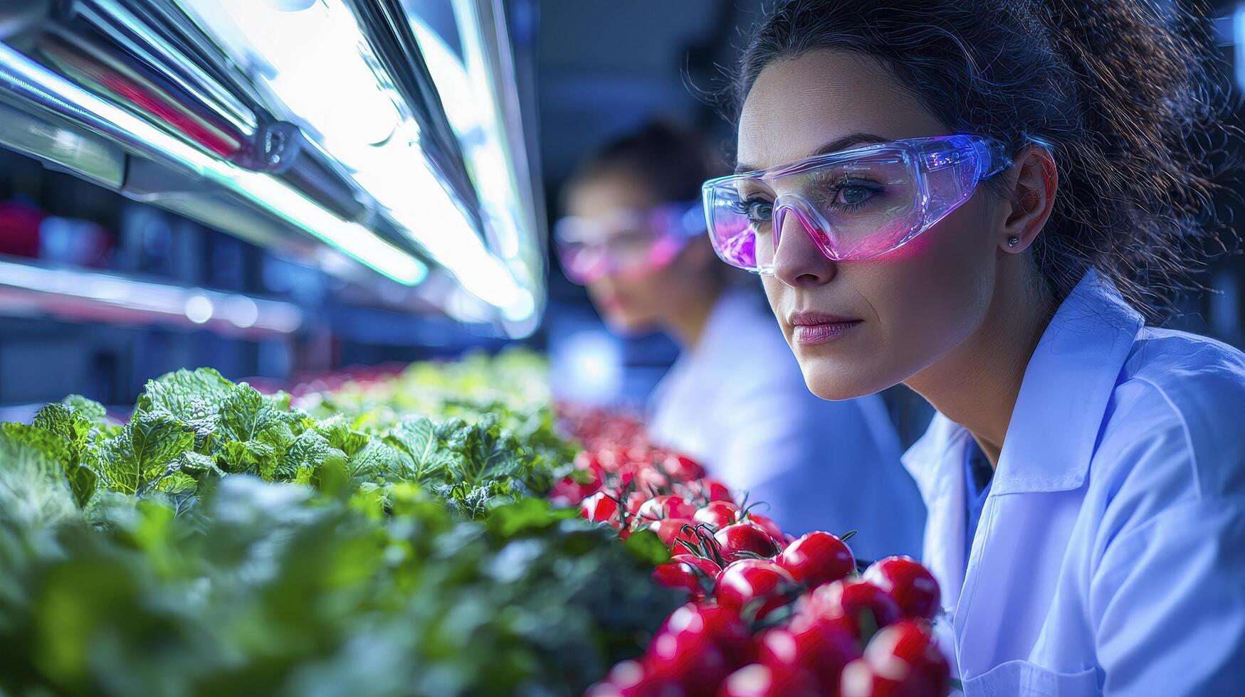 In a high-tech indoor farm, two female scientists meticulously examine vibrant rows of lettuce and ripe tomatoes Wearing protective eyewear and lab coats, they represent the future of agriculture photo