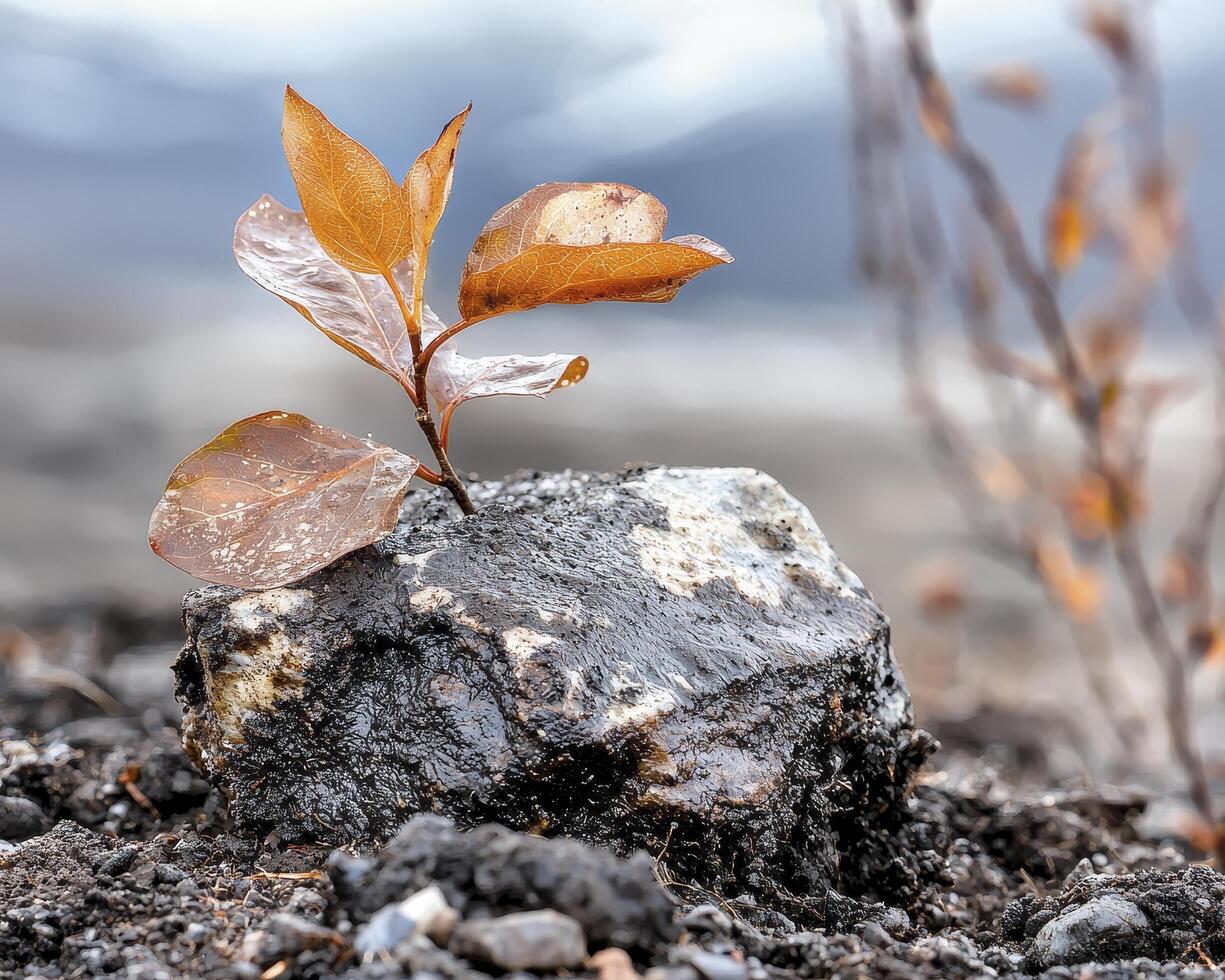 In a landscape barren and bleak, a single leaf pushes forth, a vibrant testament to the resilience of life Undeterred by the harsh, unforgiving terrain, it stands tall, a beacon of hope against the photo