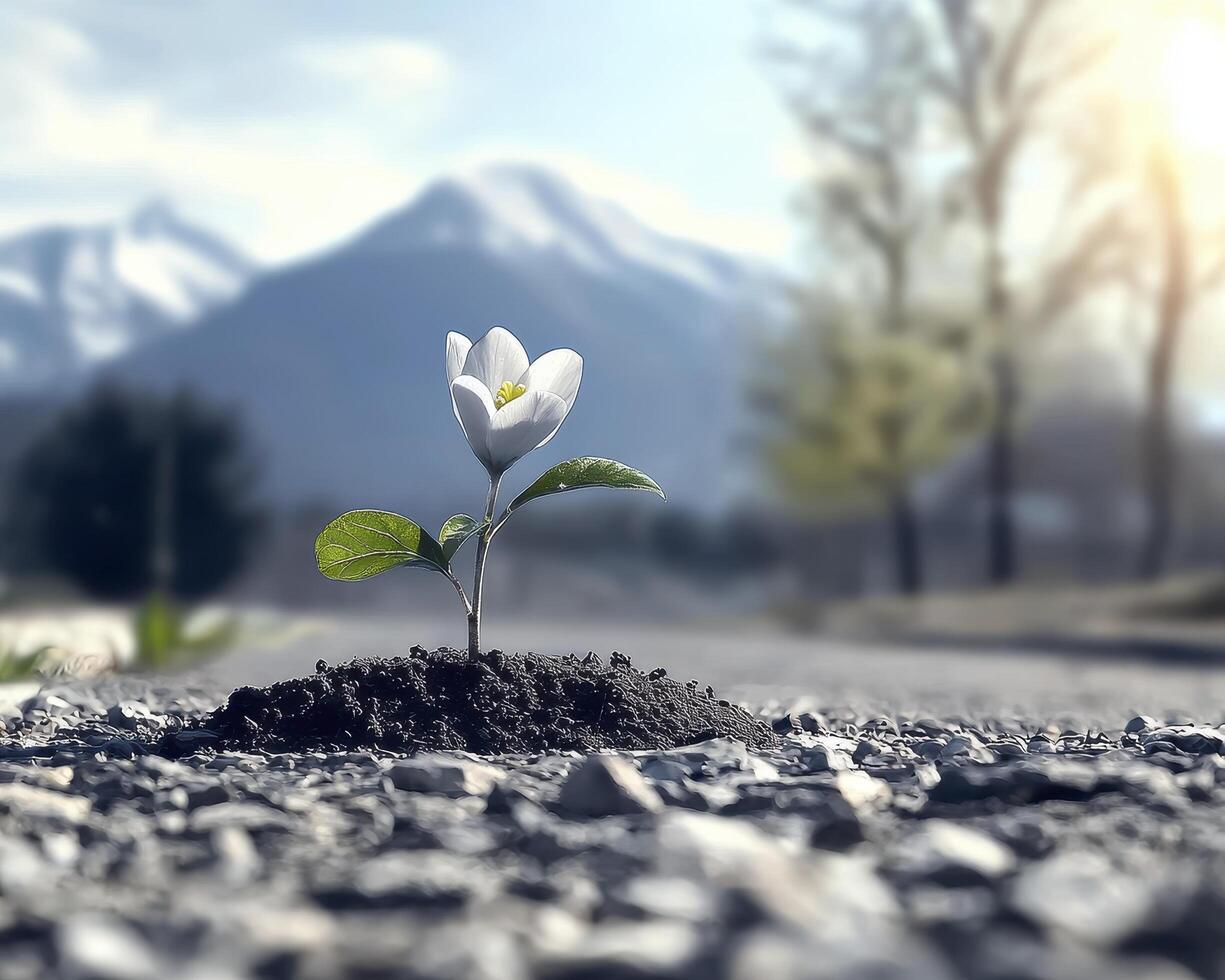 In a landscape of utter despair, a single sprout emerges, defying the odds It stands tall, a testament to life's indomitable spirit Resilience blooms in this arid expanse, a beacon of hope against a photo