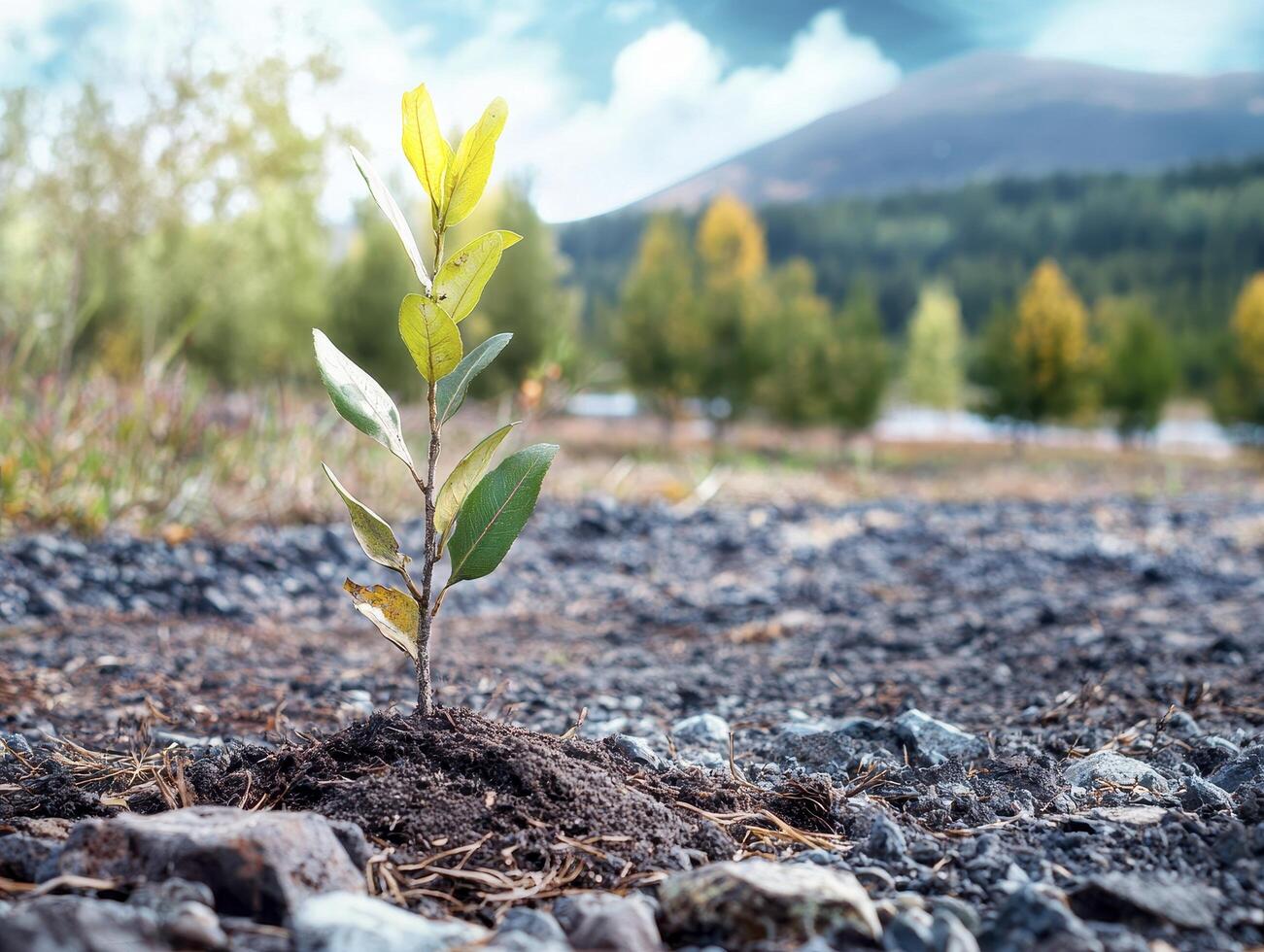 In a landscape of browns and grays, a solitary sapling reaches for the heavens, its tender leaves bathed in the warmth of golden light A symbol of hope amidst desolation, it stands as a testament to photo