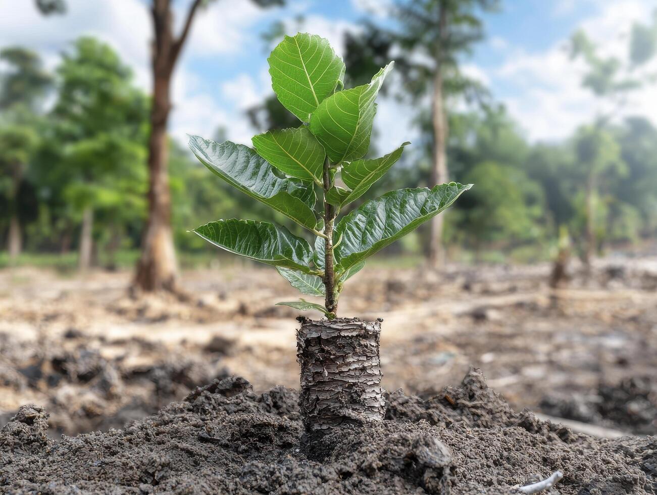 In a landscape scarred by aridity, a solitary sapling emerges, a symbol of resilience and hope Its delicate leaves unfurl towards the sun, seeking sustenance from the harsh environment The barren photo