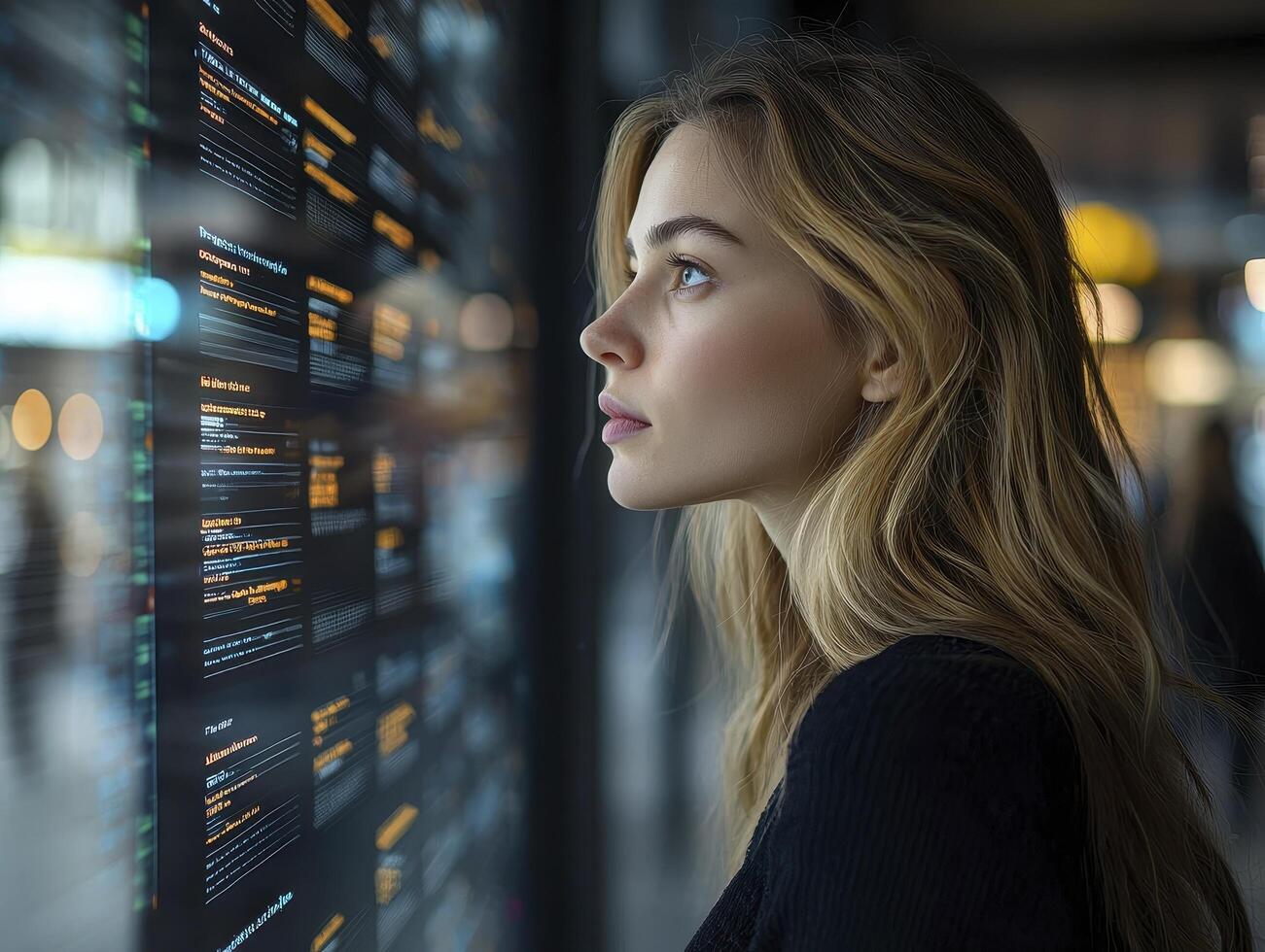 In a modern office, a businesswoman utilizes a voice-controlled AI assistant, skillfully managing her busy schedule and streamlining meeting arrangements The digital interface presents futuristic photo