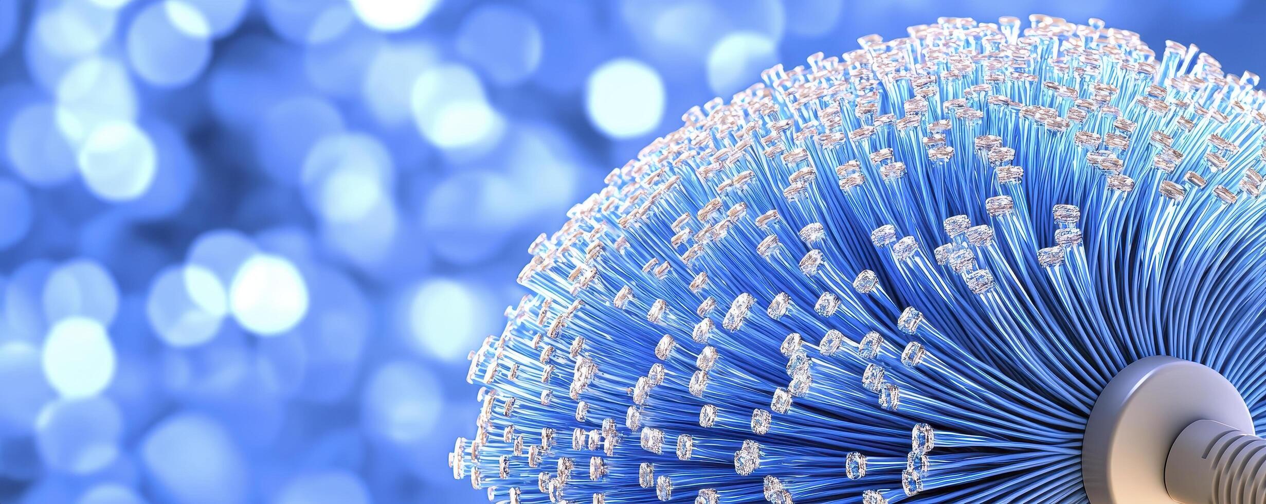 In a mesmerizing macro shot, a symphony of light and technology converges within the intricate structure of a fiber optic cable Tiny filaments, bathed in ethereal blue illumination, dance in harmony photo