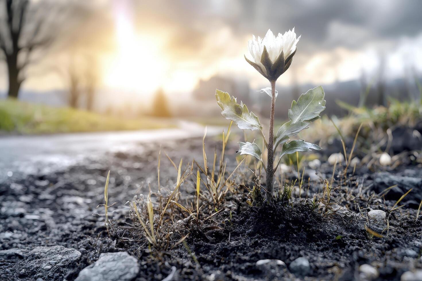 In a parched and unforgiving landscape, a lone, young plant bravely pushes through the cracked earth, its delicate leaves reaching for the sky, embodying resilience Despite the harsh conditions, the photo