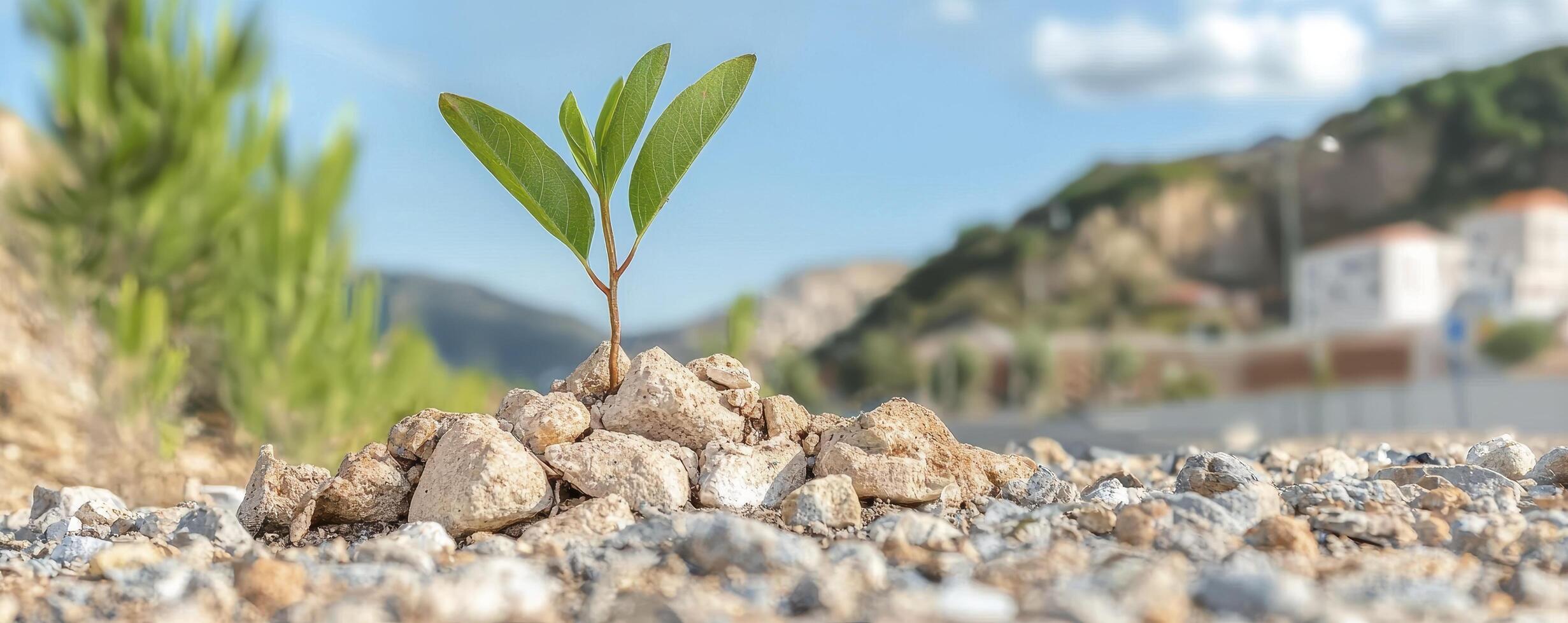 In a parched landscape, where the earth is cracked and barren, a tiny sprout pushes upwards, a symbol of resilience and hope against adversity Its delicate leaves reach for the sunlight, undeterred photo