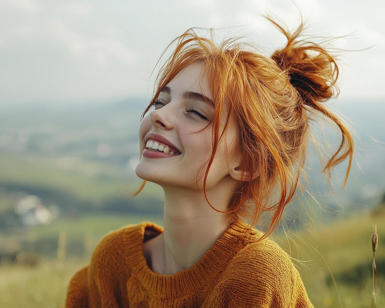 In a picturesque landscape, a woman exudes pure joy Her laughter resonates with the freedom of open spaces, as the wind playfully dances through her vibrant, auburn hair The backdrop unfolds into photo