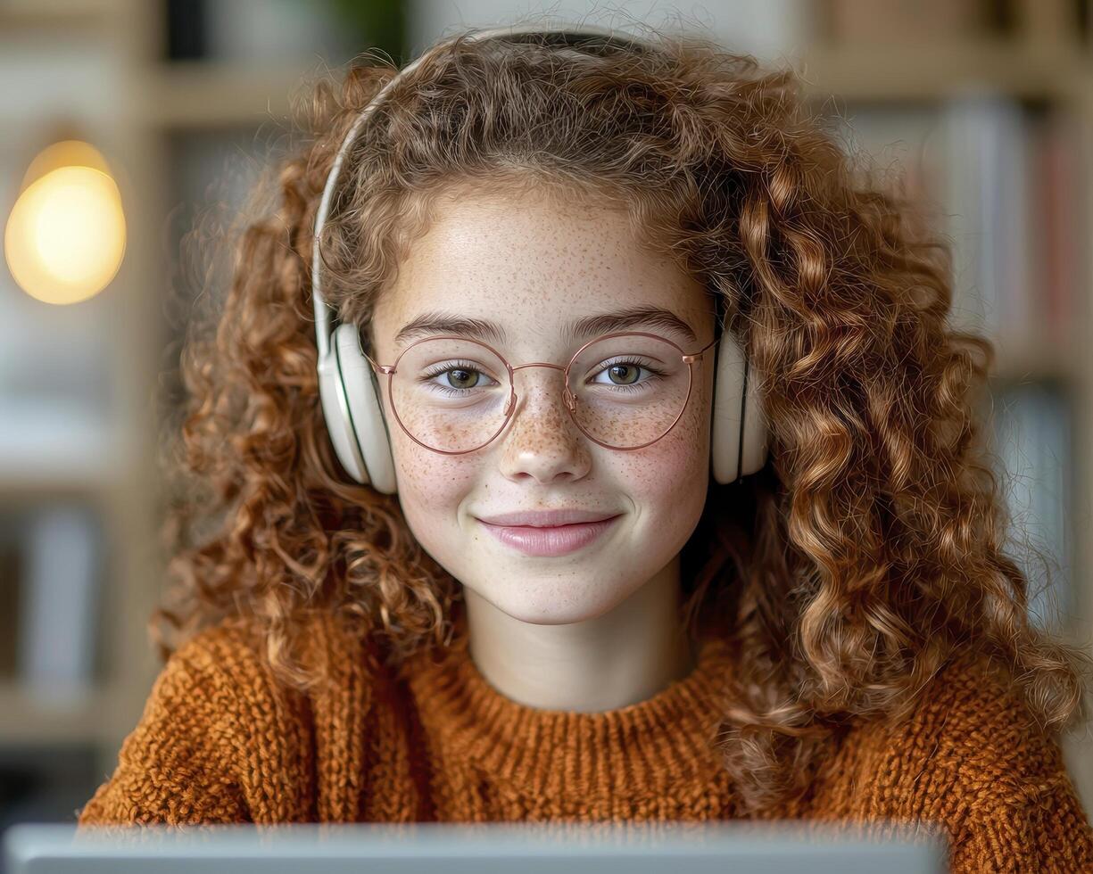 In a radiant close-up, a youthful tutor, adorned with headphones, exudes an air of warmth and intelligence Her gentle gaze meets the viewer's, inviting connection and trust Behind her, a blurred photo