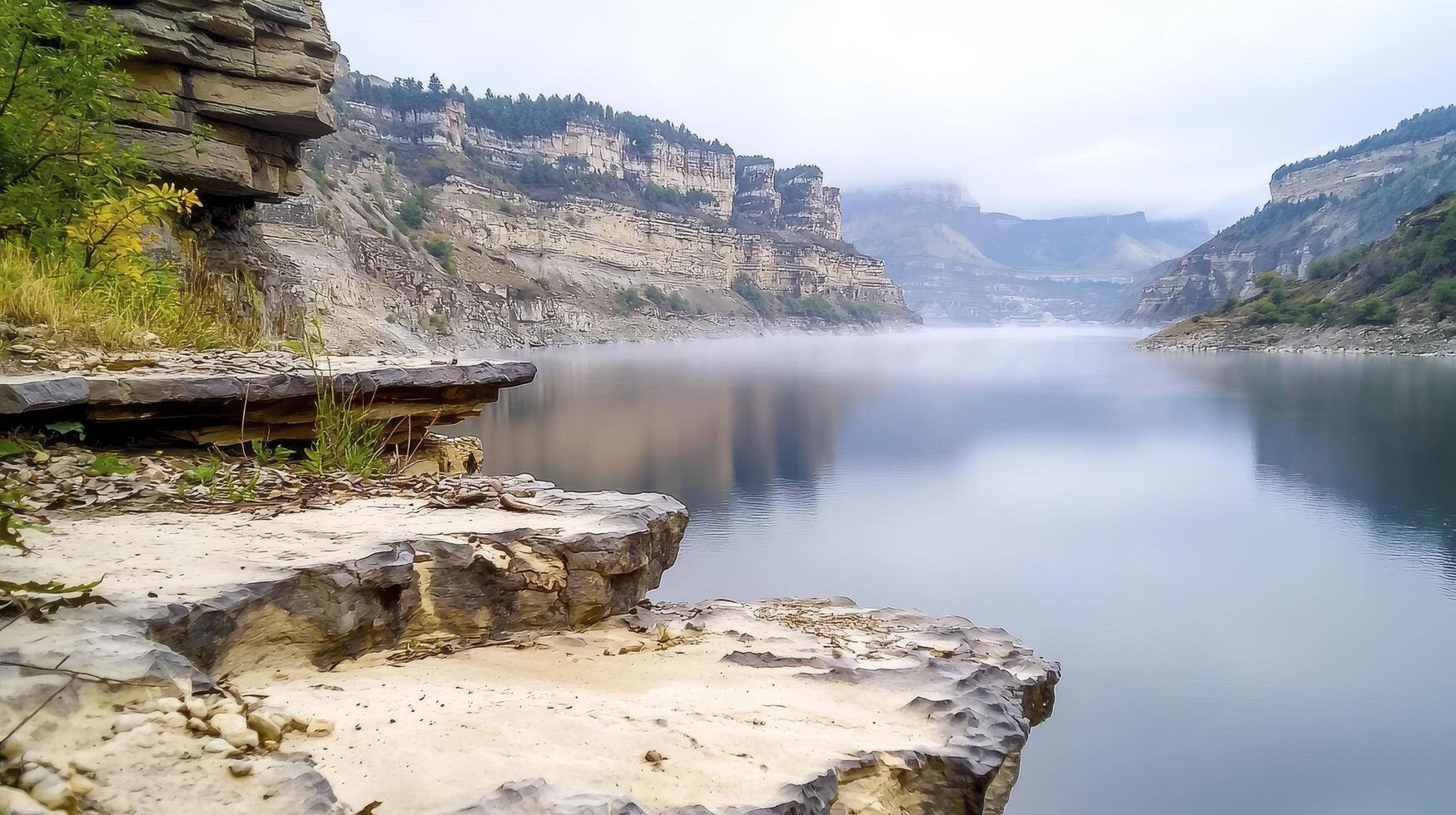 In a realm of ethereal beauty, a majestic river gracefully meanders through a valley embraced by a gentle, swirling mist The water's pure clarity unveils the riverbed, smooth and untouched Sun-kissed photo