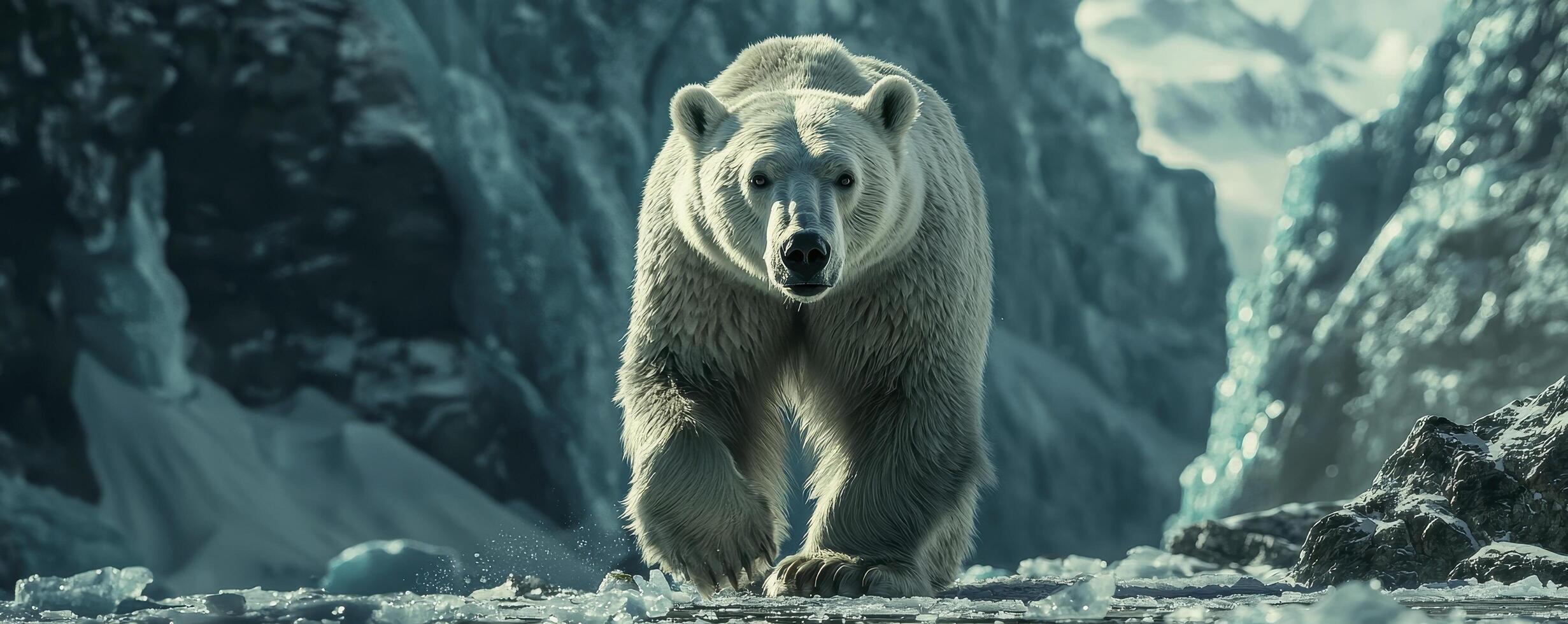 In a realm of frosted majesty, a solitary polar bear navigates its icy domain Towering walls of frozen grandeur rise on either side, framing the creature's path A silent guardian of the Arctic, the photo