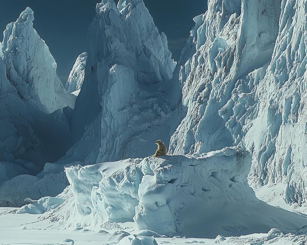 In a realm of frigid majesty, a solitary polar bear finds respite atop a colossal glacier, its pristine white fur blending seamlessly with the icy expanse Towering ice formations rise dramatically in photo