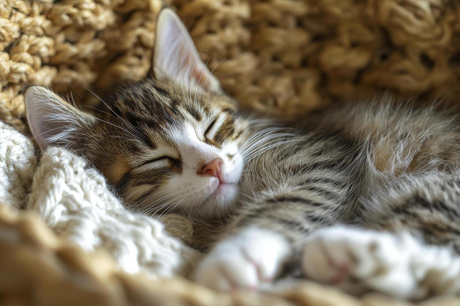 In a realm of gentle hues, where tranquility resides, a cozy cat succumbs to slumber in a knit basket, its slow breathing echoing peace Soft light dances, caressing its fur as it dreams of chasing photo