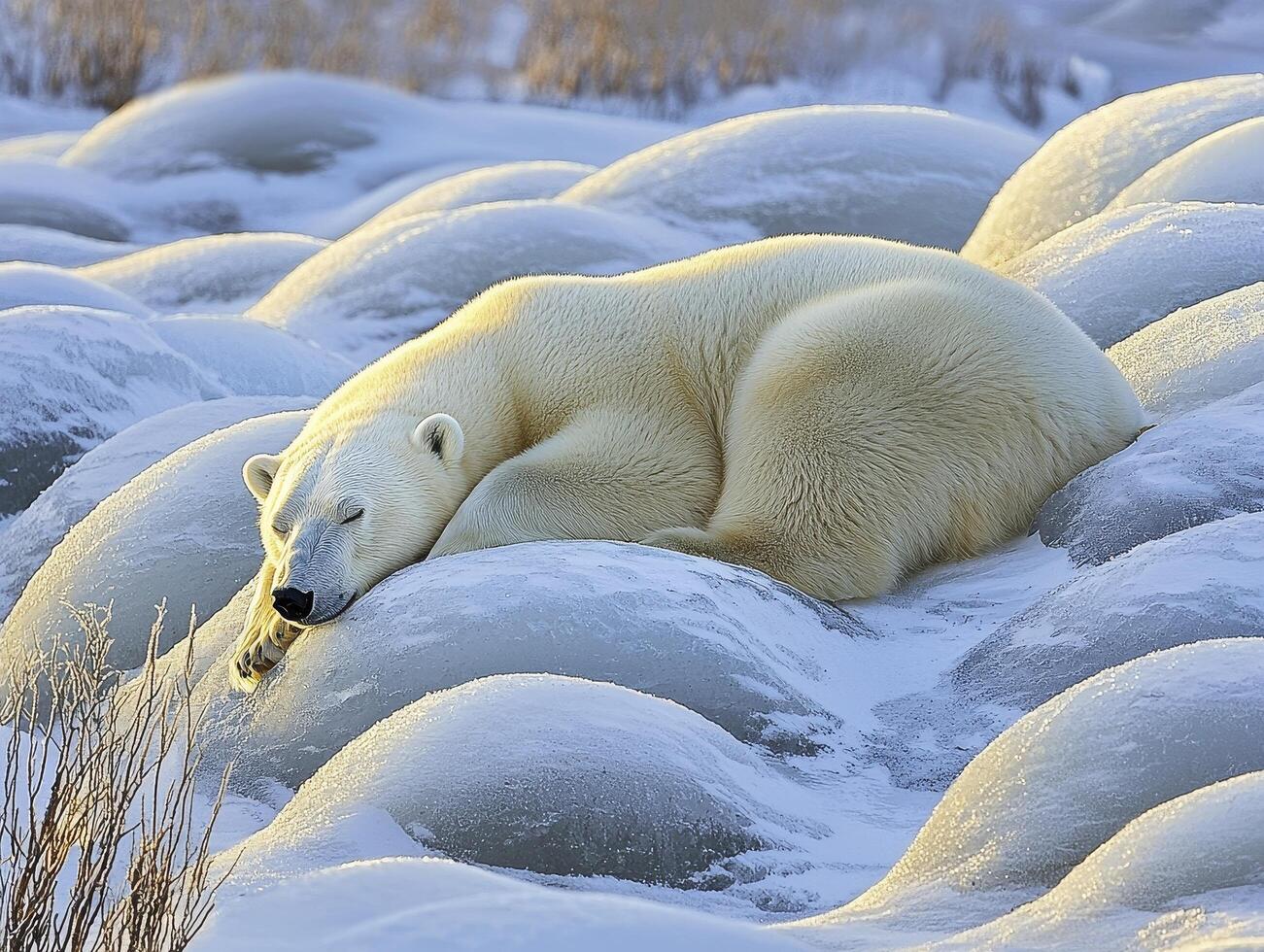 In a realm of pristine white, a solitary polar bear slumbers peacefully atop a glacial expanse Its thick, ivory fur blends seamlessly with the surrounding ice and snow, creating a harmonious fusion photo