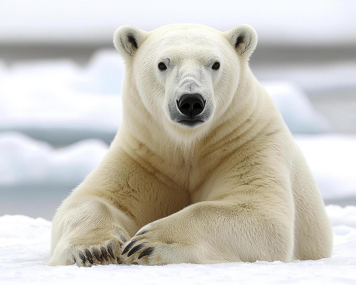 In a realm of pristine white, a majestic polar bear finds solace, resting gracefully upon a colossal glacier Towering ice formations cradle the bear in their icy embrace, highlighting its inherent photo