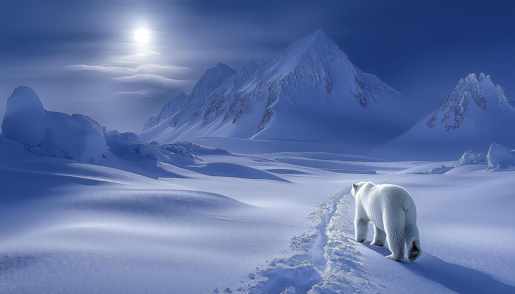In a realm of stark beauty, a majestic polar bear embarks on a solitary journey across a vast, pristine expanse of untouched snow The landscape, bathed in the ethereal glow of a distant sun photo
