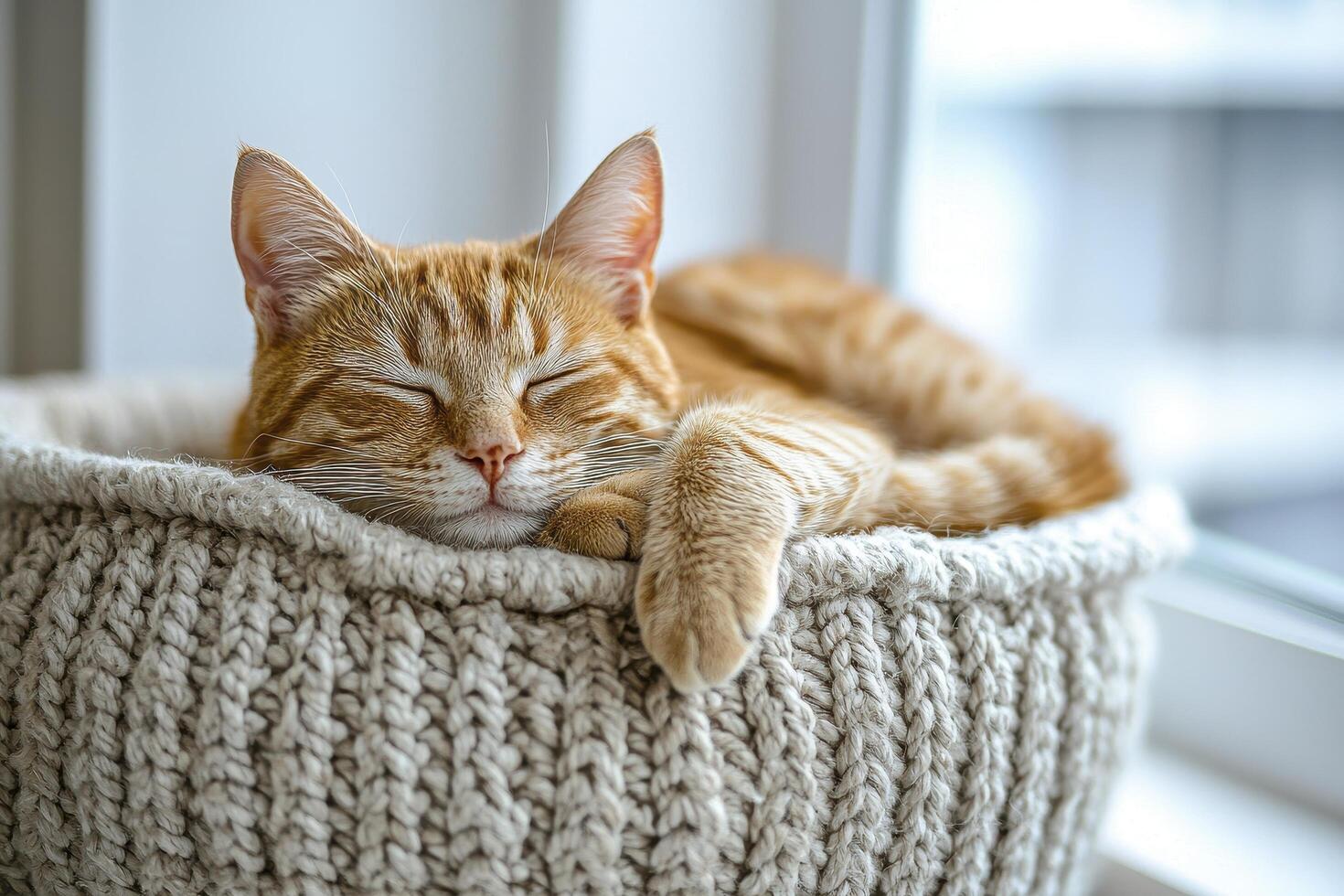 In a realm of tranquil slumber, a ginger feline finds solace within the soft embrace of a hand-knit basket Its gentle breaths orchestrate a symphony of peace, as soft light casts a warm glow upon its photo