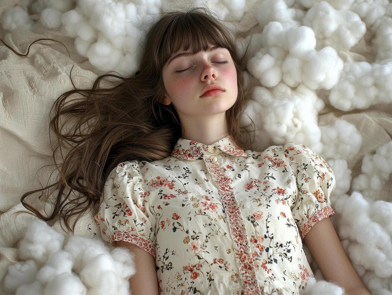 In a realm where dreams intertwine with reality, a young woman finds solace on a bed of ethereal cotton clouds She is lost in a peaceful slumber, her face serene and untouched by the worries of the photo