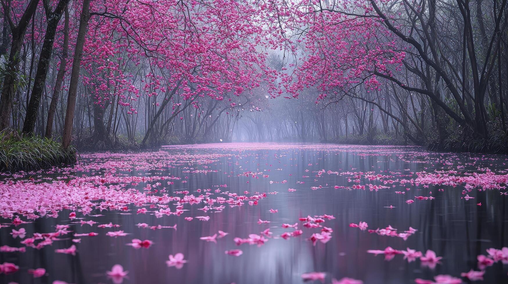 In a realm where cherry blossoms paint the air with delicate hues, a serene stream meanders, whispering tales of tranquility Soft petals, like fleeting dreams, dance upon the water's surface photo