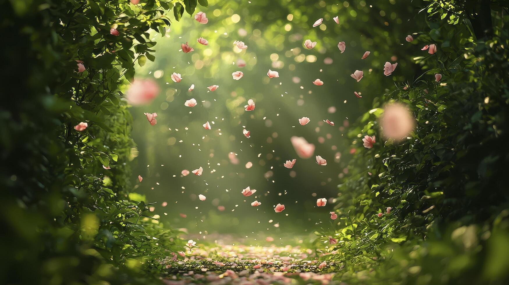 In a realm where fantasy dances with reality, an enchanted forest unveils its hidden wonders Delicate petals, freed from their earthly moorings, embark on a whimsical journey, carried by the breath photo