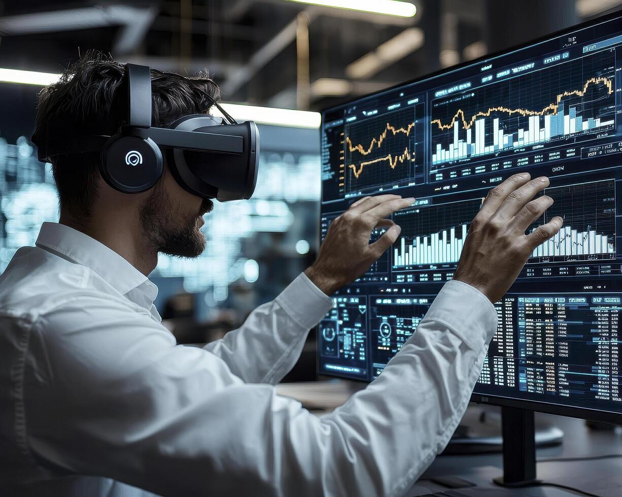 In a realm where innovation intertwines with data-driven insights, a business analyst skillfully navigates the complexities of the global market through a cutting-edge VR interface Seamlessly photo