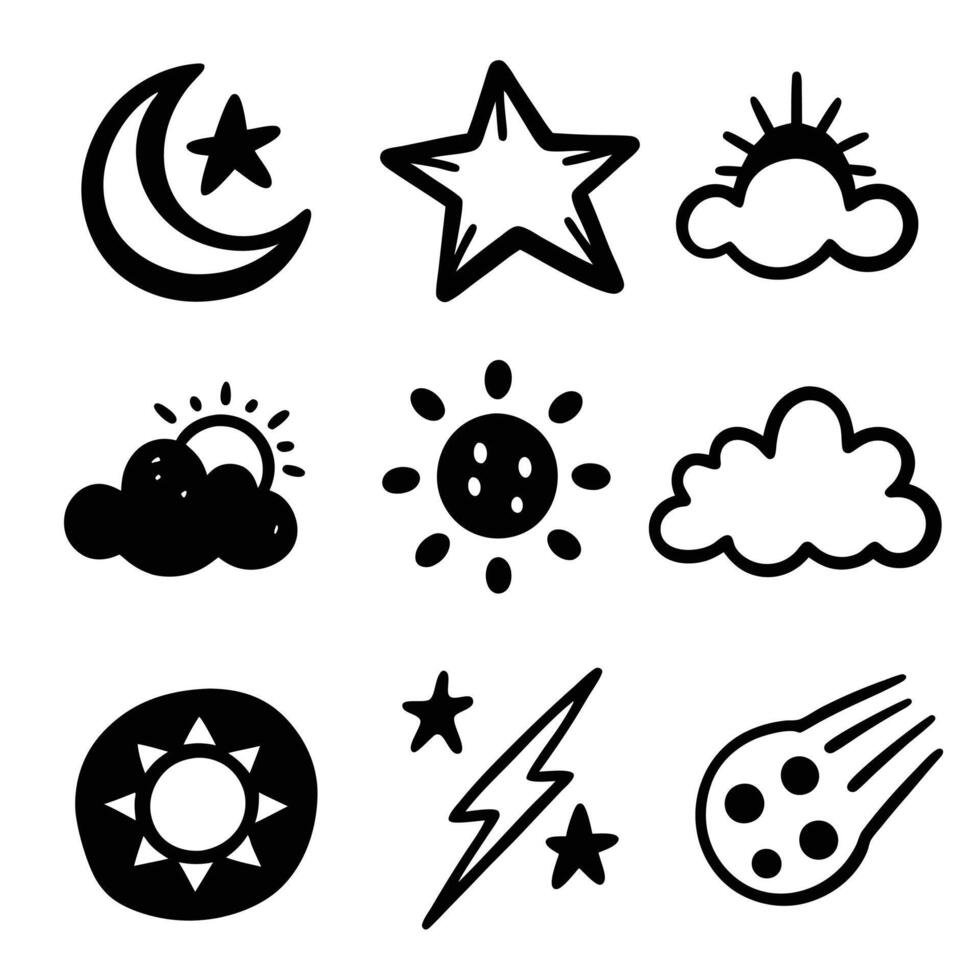 Celestial hand drawn icons in black and white sketch design. vector