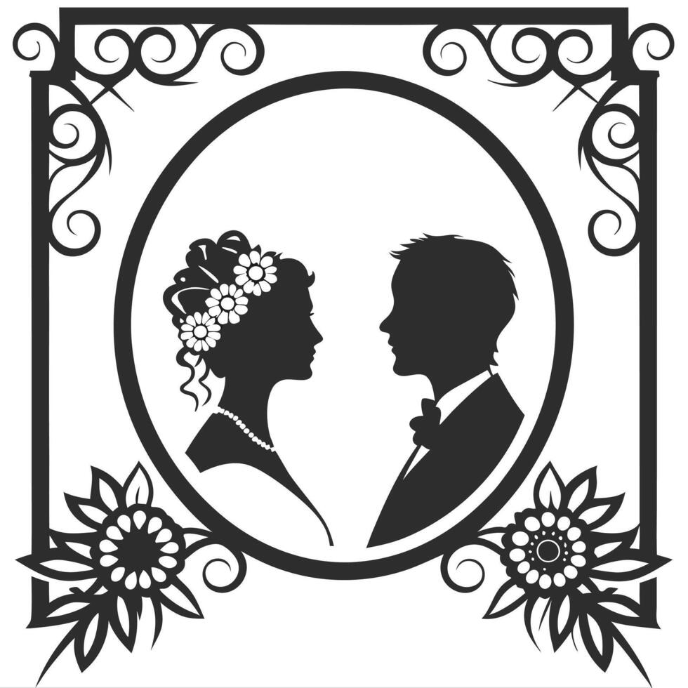 Silhouette portrait of bride and groom for wedding designs. vector