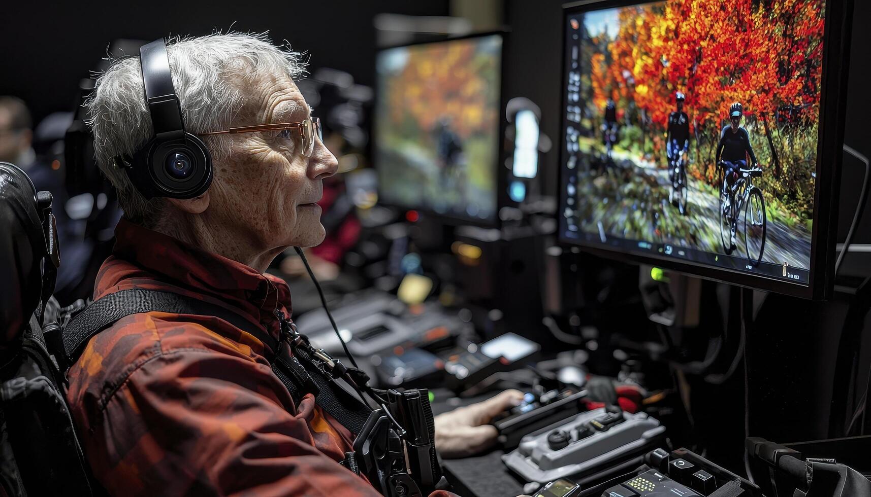 In a realm where the boundaries of physical limitation blur, an individual finds empowerment through the convergence of technology and human spirit Seated in a wheelchair, he engages with a virtual photo