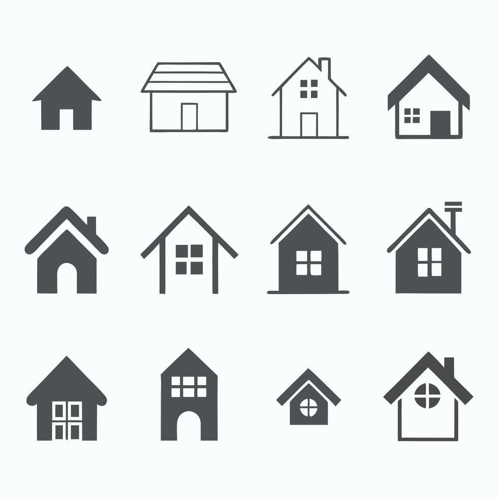 House icons with simple black and white designs for modern projects. vector