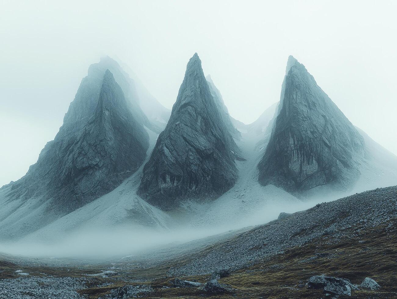 In a realm where the earth kisses the heavens, jagged peaks pierce through a veil of rolling mist, creating a surreal and powerful landscape The mountains stand as silent sentinels, their rocky faces photo