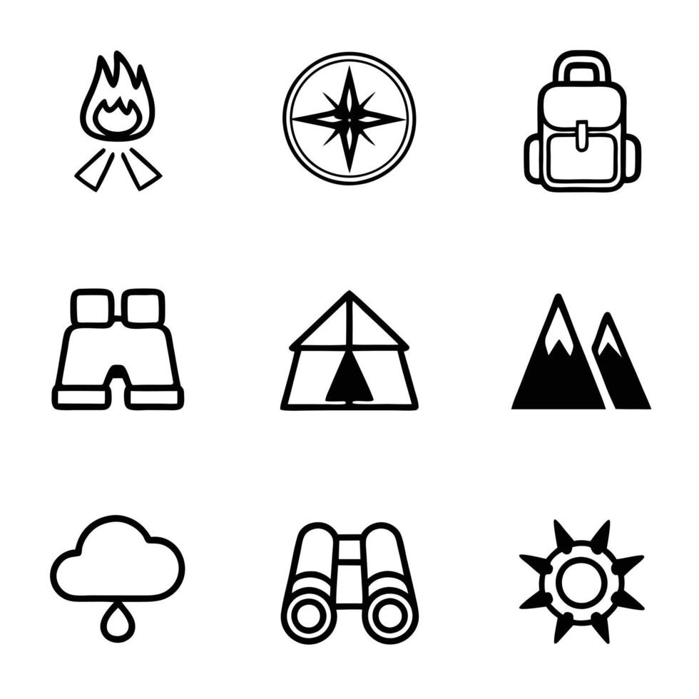 Minimalist Camping Symbols and Outdoor Adventure Icons. vector