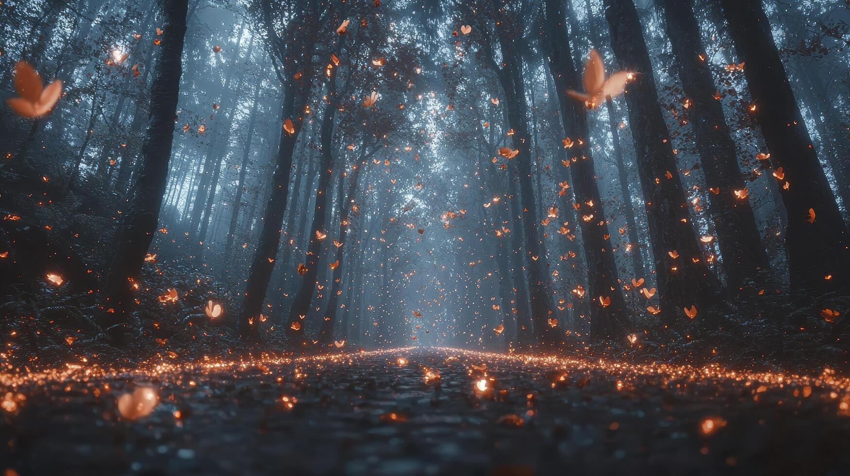 In a realm woven from twilight's embrace, petals dance on ethereal breezes through an enchanted forest The air hums with ancient secrets, and every rustle of leaves whispers tales untold Sunlight photo