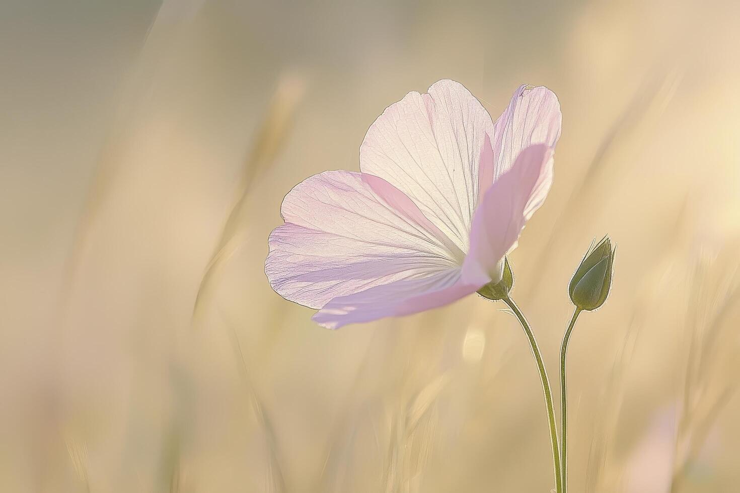 In a serene dance with nature, a soft pink flower gracefully sways, its delicate petals painted with the warm hues of the sun Bathed in gentle sunlight, the bloom exudes an ethereal charm, creating a photo