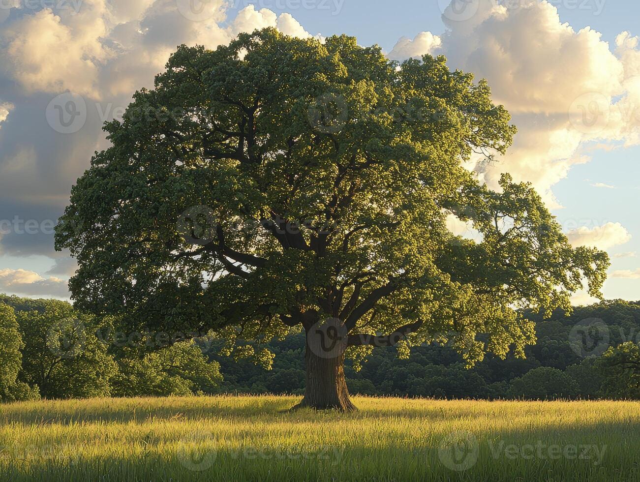 In a serene field bathed in the golden light of late afternoon, an old oak stands tall Its branches, a tapestry of green leaves, sway gently in the breeze, whispering tales of time The ancient tree photo