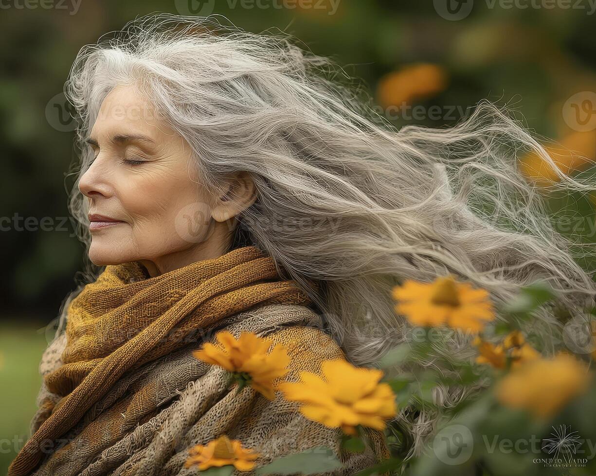 In a serene garden, an elderly woman stands, her silver hair dancing in the gentle breeze Eyes closed, she embodies timeless beauty, radiating warmth and contentment Surrounded by vibrant blooms, she photo