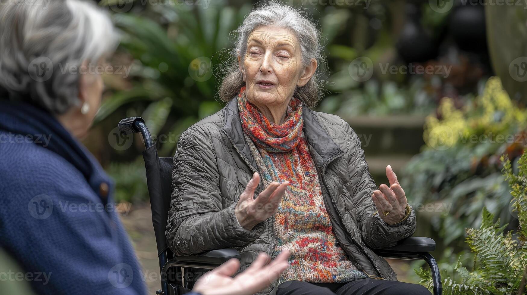 In a serene garden setting, an elderly woman confined to a wheelchair actively engages in breathing exercises, guided by a compassionate therapist The focus is on holistic wellness, promoting photo