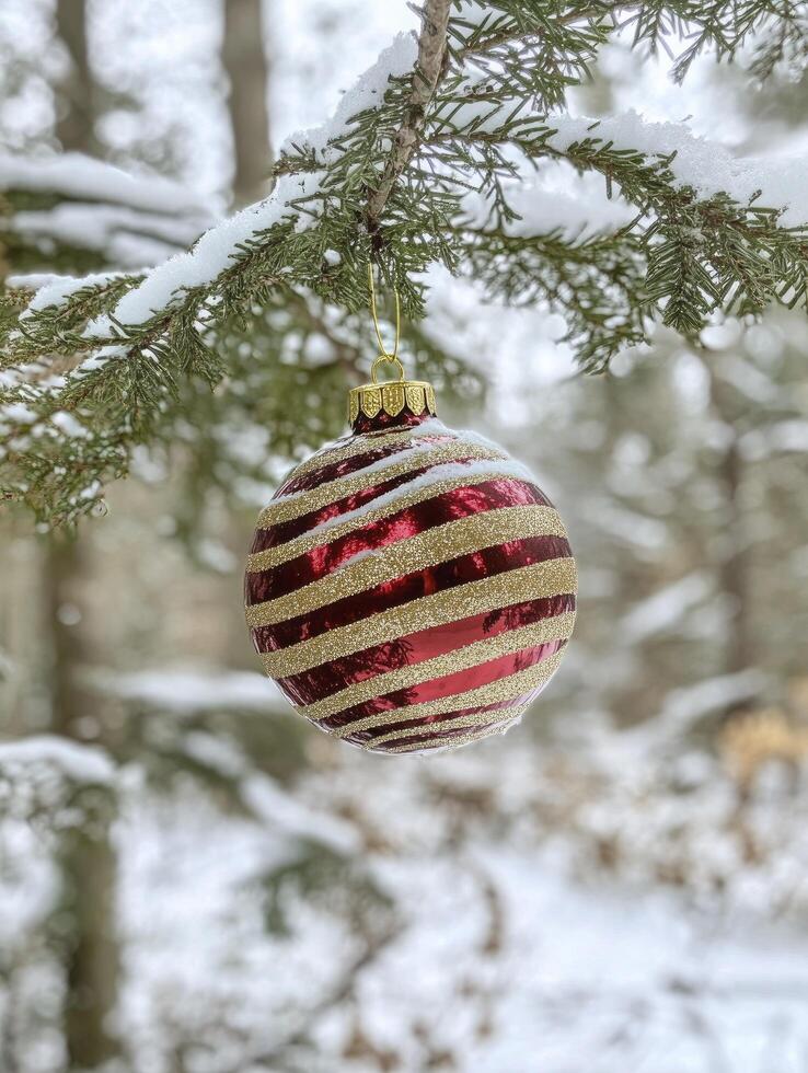 A red and gold christmas ornament hanging from a tree. The ornament is surrounded by snow. Concept of warmth and holiday cheer photo