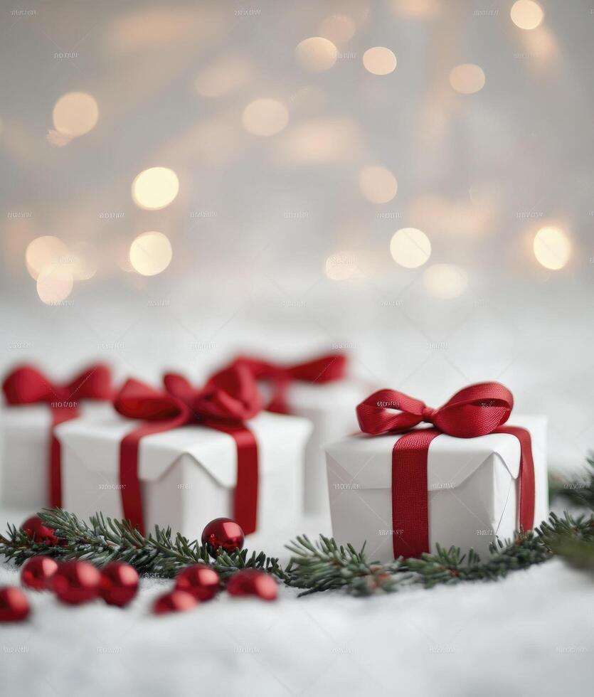 Christmas presents with red bows on white background - images of the day photo